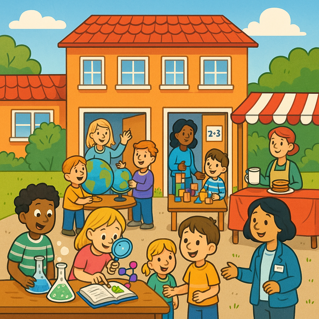 Kinder auf dem Schulhof, die an verschiedenen Stationen beim Tag der offenen Tür etwas anschauen