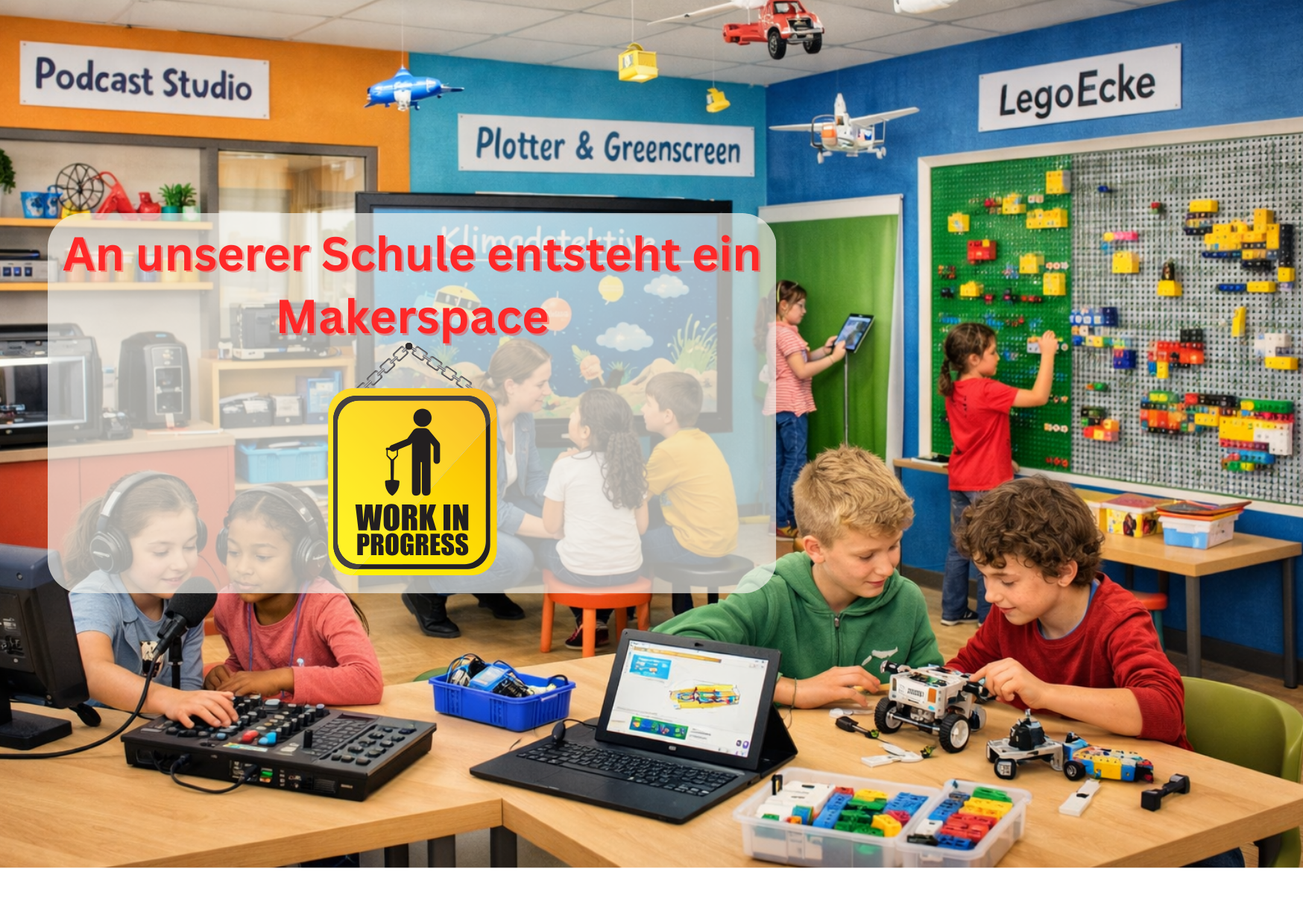 Das Bild zeigt Kinder im Makerspace und weist darauf hin, dass der Space noch nicht fertig ist