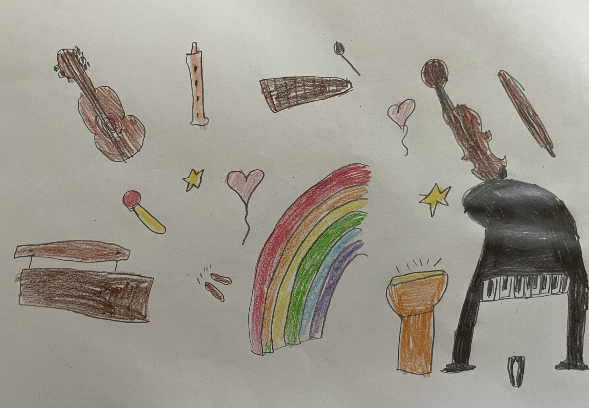 Kinderzeichnung von verschiedenen Instrumenten